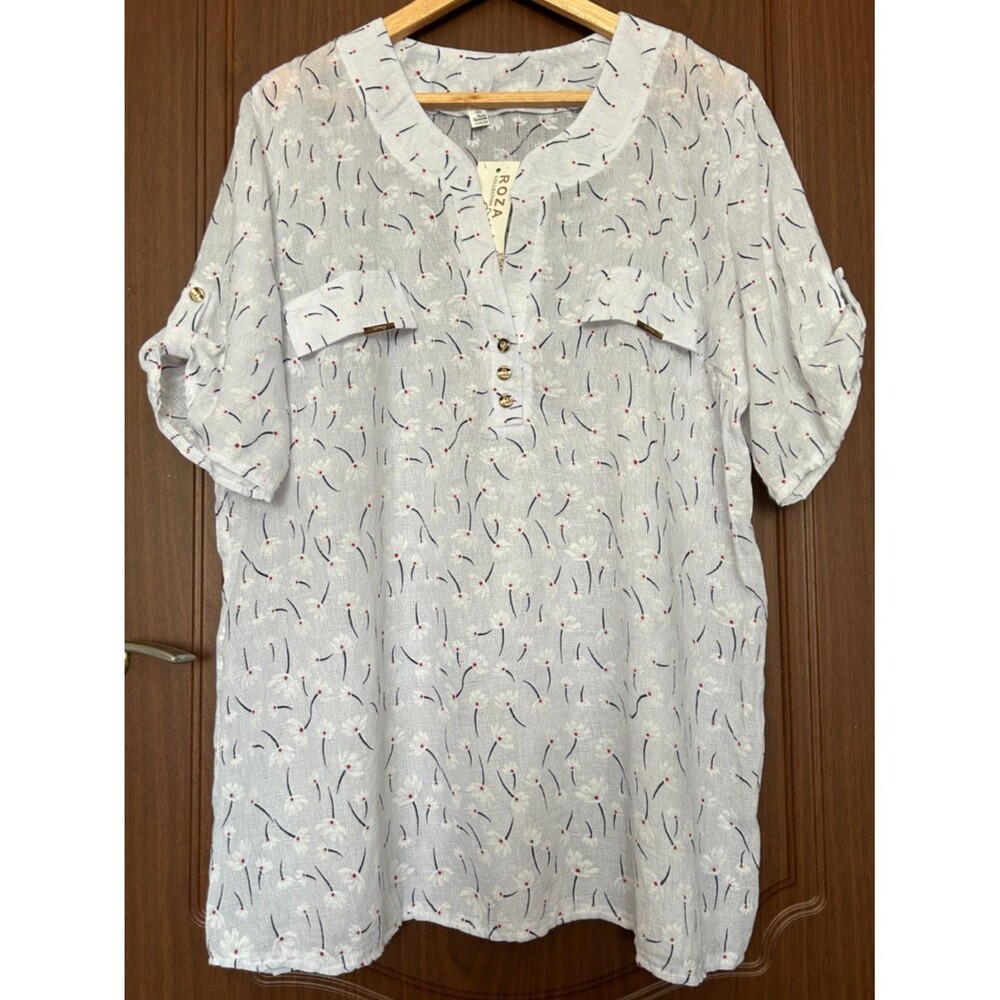 Womens 2XL White Floral Print Cotton Pullover Blouse Short Sleeve Tunic Top Boho